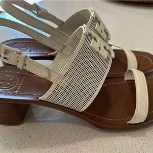 Tory Burch Designer Lowell 2 Logo City Sandal Ivory Block Heel Sandals 9.5